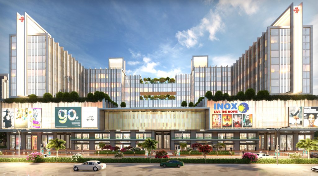 Front view of Omaxe Courtyard commercial project in Gomti Nagar, Lucknow showcasing modern shops and office spaces