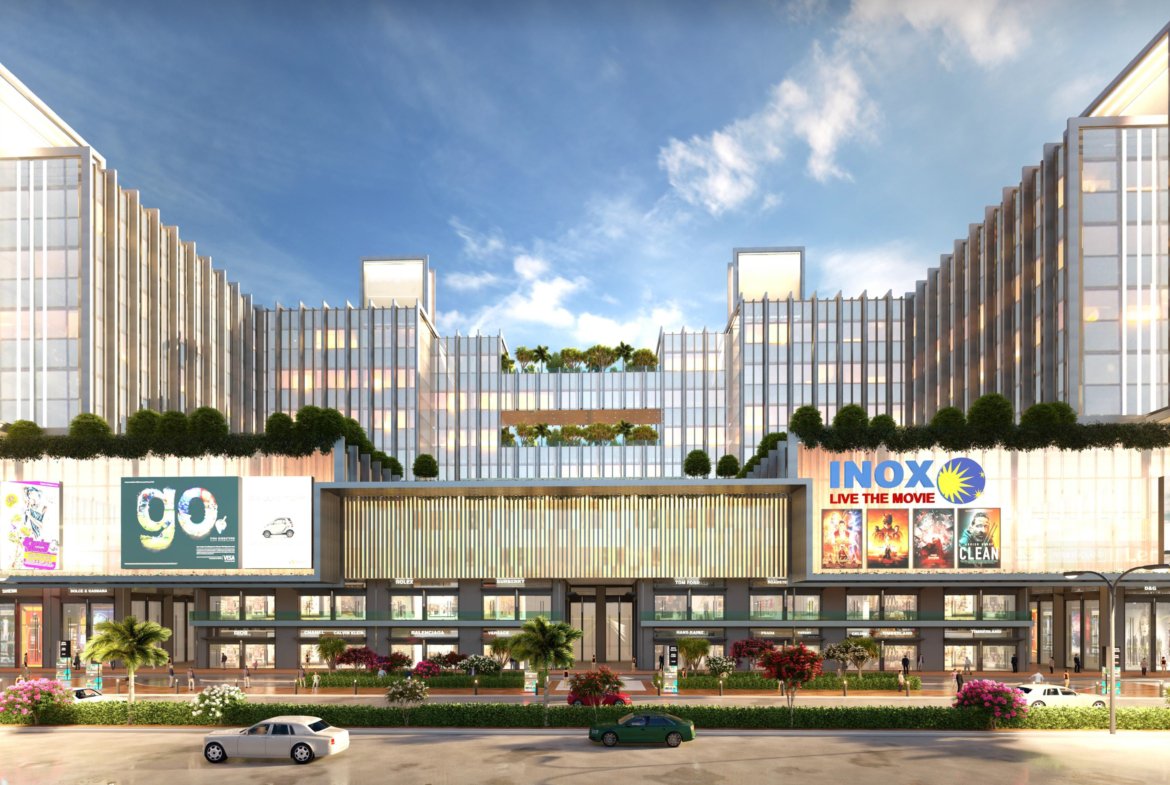 Front view of Omaxe Courtyard commercial project in Gomti Nagar, Lucknow showcasing modern shops and office spaces