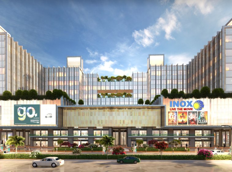 Front view of Omaxe Courtyard commercial project in Gomti Nagar, Lucknow showcasing modern shops and office spaces